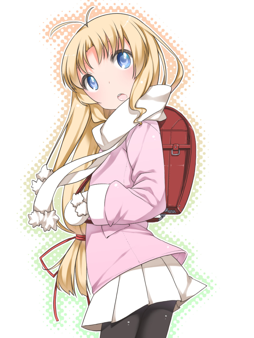 backpack bag blonde_hair blue_eyes commentary_request female highres kashiwagi_hatsune kizuato long_hair mittens pantyhose photoshop_(medium) randoseru scarf shouji_ayumu solo white_scarf