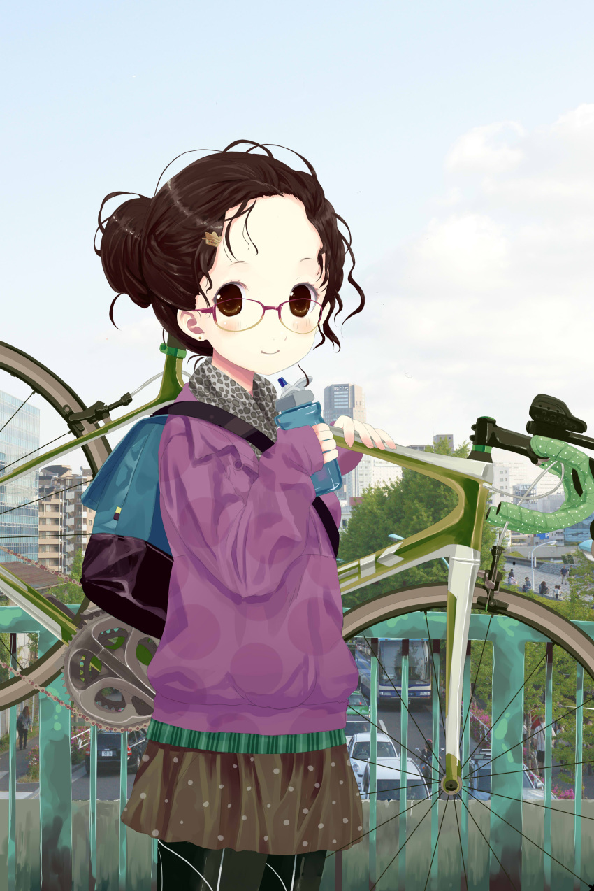 absurdres backpack bag bicycle black_pantyhose blush bottle brown_eyes brown_hair commentary_request day earrings female glasses hair_ornament hairclip highres jewelry looking_at_viewer original outdoors pantyhose shiro_(octet) skirt sky smile solo stud_earrings water_bottle