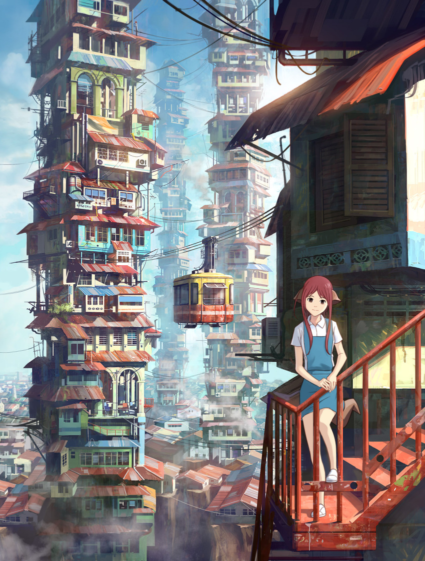 animal_ears brown_eyes cable_car chong_feigiap cityscape commentary english_commentary female highres leaning long_hair looking_at_viewer original outdoors photoshop_(medium) red_hair scenery school_uniform solo stairs standing tail tower