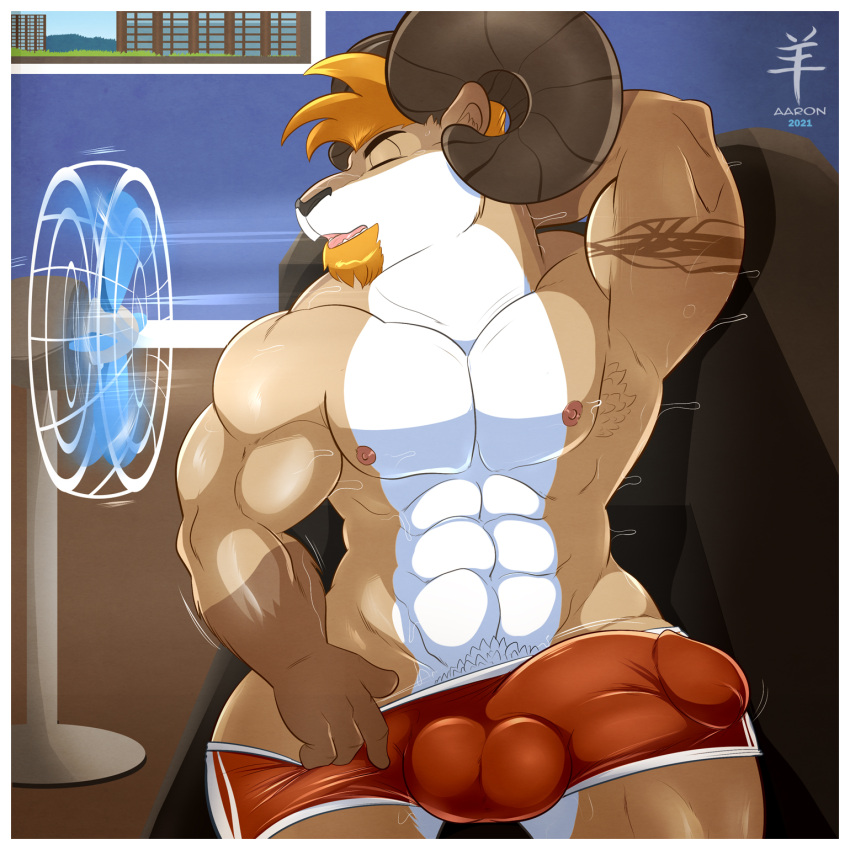 1:1 aaron_(artist) abs anthro balls_outline bighorn_sheep blonde_hair bodily_fluids border bovid bulge caprine closed_eyes clothed clothing cooling_off curved_horn electric_fan fan_(disambiguation) fur furniture genital_outline hair hand_behind_head hi_res horn lying lying_on_sofa male male_only mammal multicolored_body multicolored_fur muscular muscular_anthro muscular_male nipples on_back on_sofa partially_clothed pecs penis_outline pubes rammy_aaron sheep sitting sofa solo solo_male sweat tattoo topless two_tone_body two_tone_fur underwear underwear_only white_border