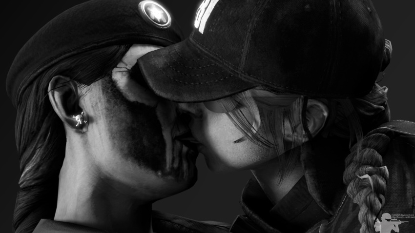 2girls 3d ash_(rainbow_six) black_and_white braid bravo44 bravo44_(artist) cap caveira_(rainbow_six) earrings face_paint hat hi_res kissing lesbian rainbow_six rainbow_six_siege rookie425 source_filmmaker sunglasses tinted_eyewear yuri