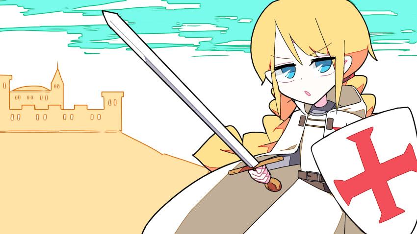 bad_id bad_pixiv_id belt belt_buckle blonde_hair blue_eyes braid brown_belt buckle cape castle cloud crusader_kings female hair_tie highres holding holding_shield holding_sword holding_weapon jerusalem knight knights_templar medieval open_mouth sarawaritai shield sidelocks solo sword twintails v-shaped_eyebrows weapon white_cape