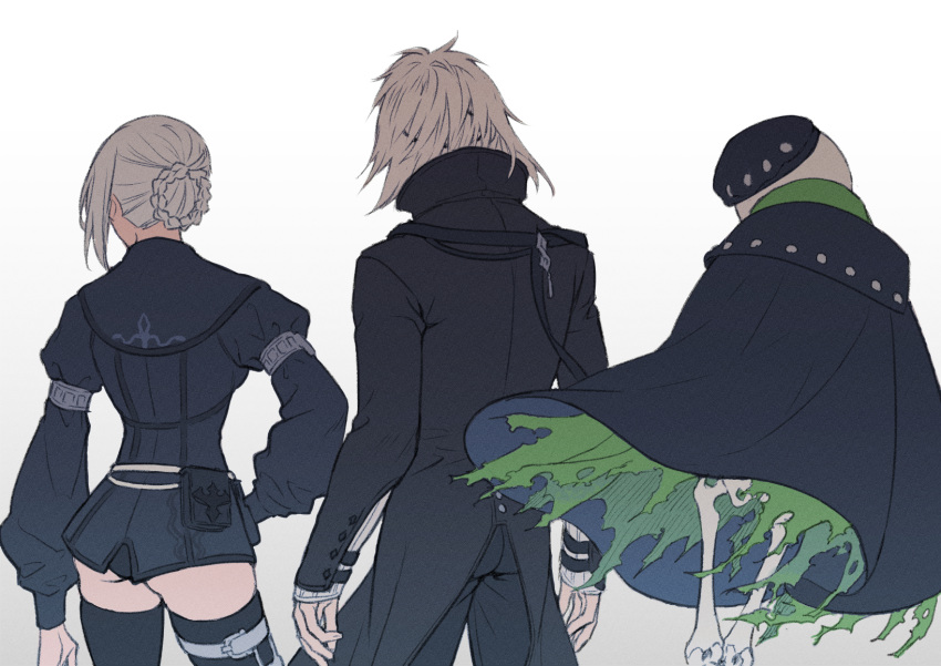 2boys ariko_k ass back braid commentary emil_(nier) female floating from_behind highres jacket kaine_(nier) multiple_boys nier nier_(brother) nier_(series) nier_reincarnation official_alternate_costume simple_background standing symbol-only_commentary thighhighs white_hair