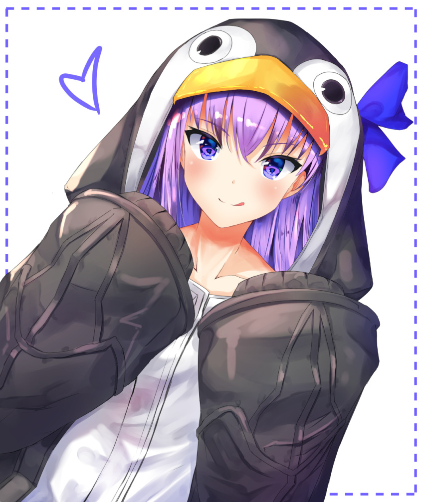 animal_hood black_jacket blue_bow blue_eyes bow breasts closed_mouth collarbone fate/grand_order fate_(series) female hair_between_eyes heart highres hood jacket kanaya604 licking_lips long_hair long_sleeves looking_at_viewer meltryllis_(fate) meltryllis_(swimsuit_lancer)_(fate) meltryllis_(swimsuit_lancer)_(first_ascension)_(fate) penguin_hood purple_hair simple_background sleeves_past_fingers sleeves_past_wrists small_breasts smile solo tongue tongue_out very_long_hair white_background