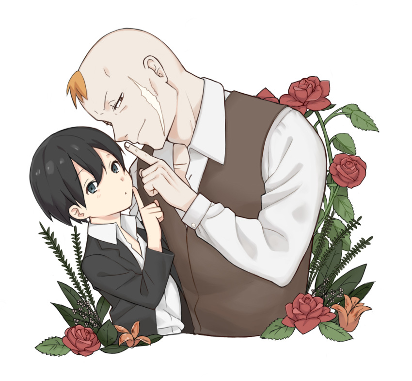 2boys black_eyes black_hair darren_shan flower formal index_finger_raised larten_crepsley multiple_boys orange_hair red_eyes red_flower red_rose rose scar scar_on_face short_hair smile suit the_saga_of_darren_shan usnst vest