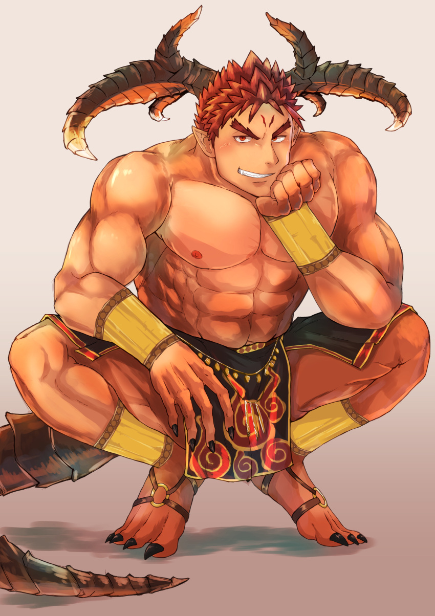 1boy abs absurdres bara blush curled_horns dark-skinned_male dark_skin demon_boy demon_horns demon_tail full_body highres horns ifrit_(housamo) male_focus muscular muscular_male nipples official_alternate_costume orange_eyes pectorals pelvic_curtain pointy_ears red_hair short_hair smile solo spiked_hair squatting tail tatatan_(ts_kon2) tokyo_afterschool_summoners topless_male