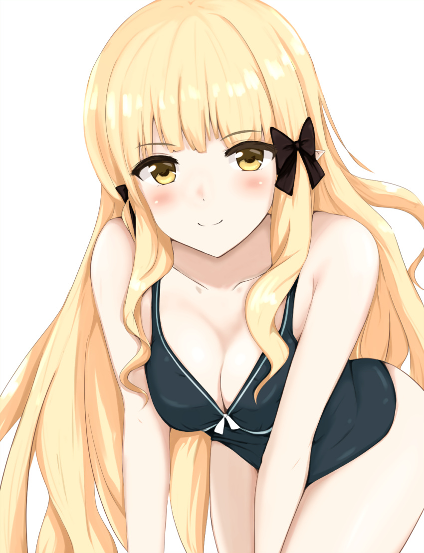 all_fours bare_arms bare_shoulders black_bow blonde_hair blush bow breasts casual_one-piece_swimsuit cleavage closed_mouth collarbone commentary cowboy_shot female hairbow highres long_hair looking_at_viewer medium_breasts one-piece_swimsuit pointy_ears princess_connect! sa_(nax49) saren_(princess_connect!) sidelocks simple_background smile solo swimsuit very_long_hair wavy_hair white_background white_bow yellow_eyes