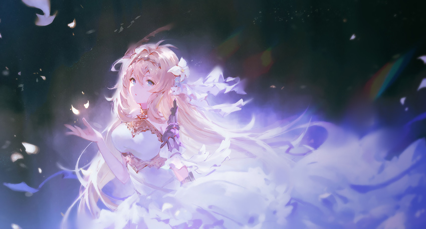 ahoge armor black_background blonde_hair blue_eyes detached_sleeves dress female flower granblue_fantasy hair_between_eyes hair_flower hair_intakes hair_ornament jeanne_d'arc_(granblue_fantasy) long_hair solo tiara vienri white_dress white_petals