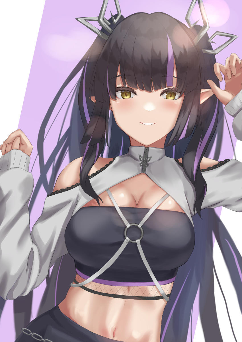 absurdres black_hair black_skirt black_tube_top blunt_bangs blush breasts cleavage clothing_cutout commentary_request demon_girl demon_horns female fooming grey_jacket grin highres horns jacket kojo_anna kojo_anna_(2nd_costume) lace_trim long_hair long_sleeves looking_at_viewer medium_breasts midriff multicolored_hair nanashi_inc. navel official_alternate_costume pointy_ears purple_hair shoulder_cutout shrug_(clothing) skirt smile solo strapless sugar_lyric tube_top two-tone_hair two_side_up upper_body virtual_youtuber yellow_eyes