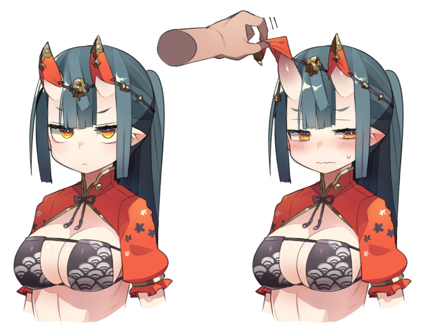 bikini blue_hair blush breasts cleavage closed_mouth commentary eyepatch_bikini female floral_print highres horn_cover horns kometsubu large_breasts long_hair multiple_views oni orange_eyes original pointy_ears ponytail print_bikini seigaiha short_sleeves sidelocks simple_background skin-covered_horns sweat swimsuit upper_body wavy_mouth white_background