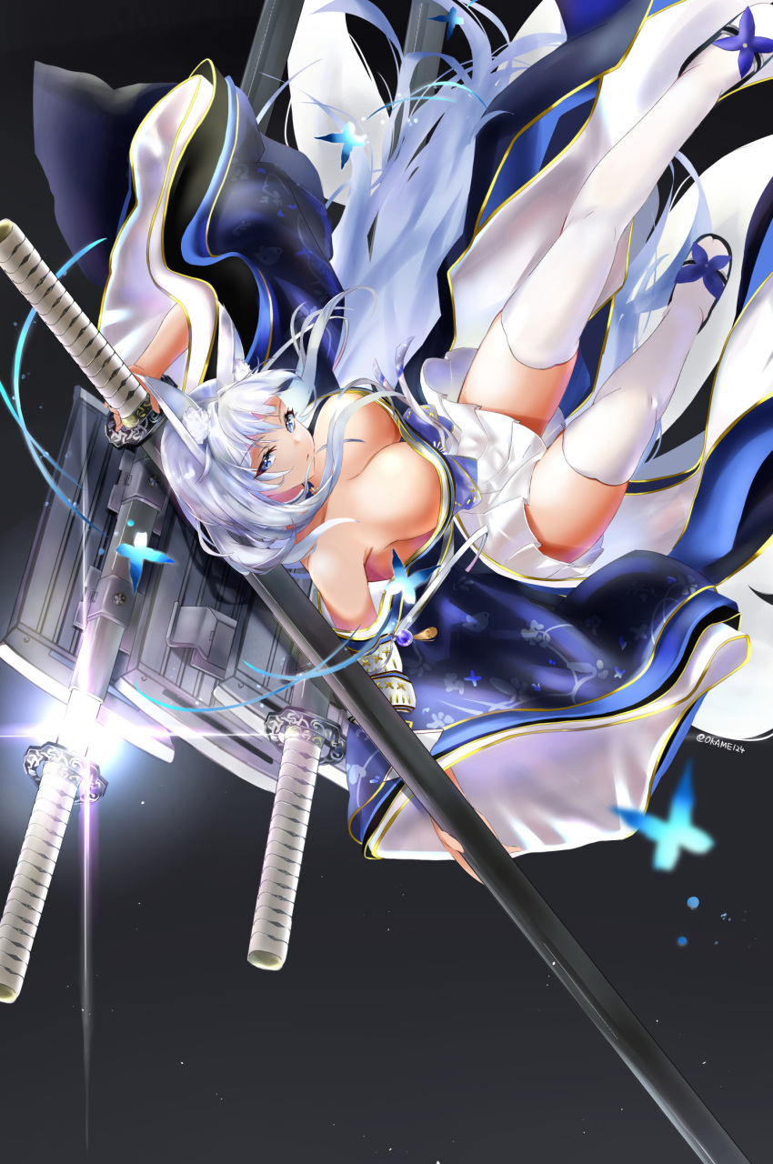 animal_ear_fluff animal_ears armpit_crease artist_name azur_lane bare_shoulders black_background blue_butterfly blue_collar blue_eyes breasts bug butterfly cleavage collar detached_collar falling female floral_print fox_ears fox_girl gold_trim highres holding holding_sword holding_weapon huge_weapon japanese_clothes kimono kitsune kyuubi large_breasts long_hair looking_at_viewer multiple_swords multiple_tails off_shoulder okame._(okame124) pleated_skirt print_kimono purple_kimono rigging sakuramon sheath shinano_(azur_lane) sideways_glance simple_background skirt skirt_under_kimono solo sparkle sword tail thighhighs unsheathing very_long_hair weapon white_hair white_skirt white_thighhighs wide_sleeves