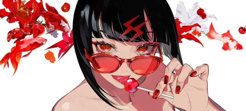 black_hair bob_cut candy cherry close-up collarbone female fish flower food fruit goldfish hair_ornament hibiscus highres holding holding_candy holding_food holding_lollipop lam_(ramdayo) licking lightning_bolt_hair_ornament lightning_bolt_symbol lollipop looking_at_viewer original portrait red-framed_eyewear red-tinted_eyewear red_eyes red_flower red_nails ringed_eyes short_hair simple_background solo strawberry sunglasses tinted_eyewear tongue tongue_out white_background white_flower