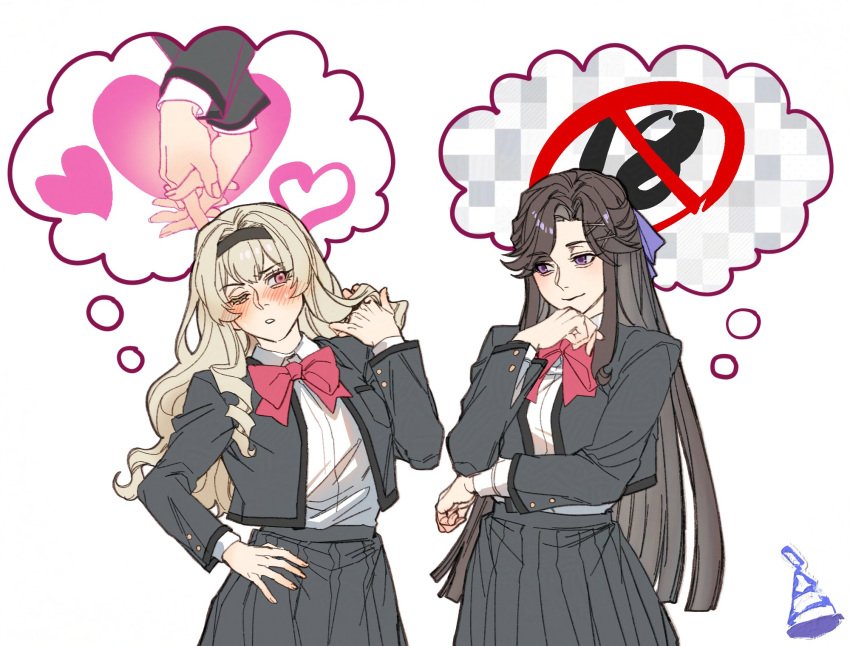 2girls another_ship_dynamic_i_enjoy_(meme) black_hairband blonde_hair blush bow bowtie brown_hair censored closed_mouth collared_shirt commentary_request content_rating grey_jacket grey_skirt hair_ribbon hairband hand_in_own_hair hand_on_own_hip heart highres holding_hands imagining interlocked_fingers jacket korean_commentary long_sleeves looking_at_another meme mosaic_censoring multiple_girls one_eye_closed parted_lips pink_eyes purple_eyes purple_ribbon red_bow red_bowtie ribbon saijou_claudine seishou_music_academy_uniform semi_butai shirt shoujo_kageki_revue_starlight simple_background skirt smile tendou_maya thought_bubble white_background white_shirt yuri