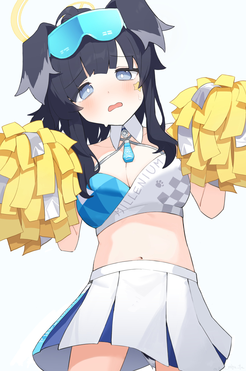 absurdres ame_miya_ta animal_ears bare_shoulders black_hair blue_archive blue_eyes blush breasts character_name cheerleader cleavage cowboy_shot criss-cross_halter dog_ears dog_girl dog_tail female goggles goggles_on_head halo halterneck hands_up hibiki_(blue_archive) hibiki_(cheer_squad)_(blue_archive) highres holding holding_pom_poms looking_at_viewer millennium_cheerleader_outfit_(blue_archive) name_tag navel official_alternate_costume pleated_skirt pom_pom_(cheerleading) simple_background skirt solo star_sticker sticker_on_face stomach sweat tail text_print white_background white_skirt yellow_halo