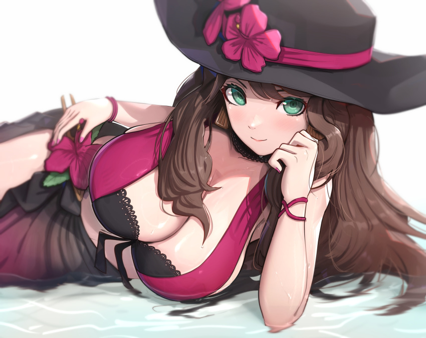 black_hat black_sarong bracelet breasts brown_hair cleavage closed_mouth dorothea_arnault dorothea_arnault_(summer) earrings female fire_emblem fire_emblem:_three_houses fire_emblem_heroes flower gonzarez green_eyes hat highres jewelry large_breasts long_hair looking_at_viewer official_alternate_costume parka sarong sideboob sun_hat wavy_hair white_background