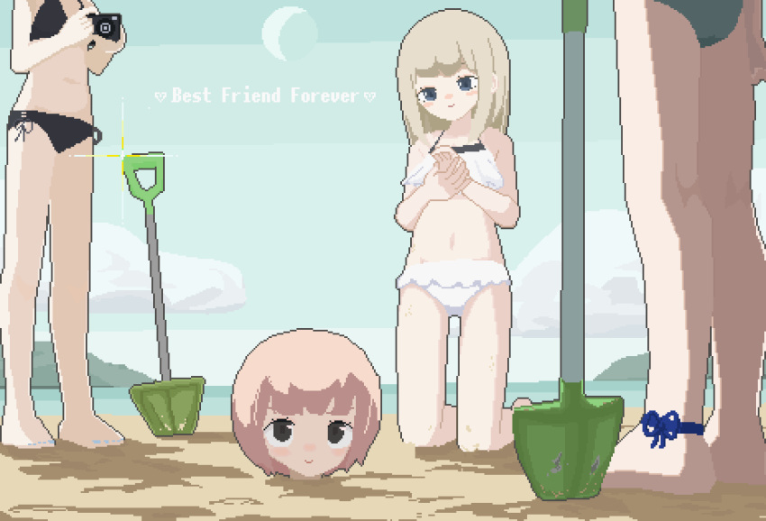 4girls animated animated ankle_ribbon barefoot beach bikini black_bikini black_eyes blinking blonde_hair blue_eyes blue_nails camera cloud day english_text highres holding holding_camera kneeling leg_ribbon looking_at_viewer looping_animation moon multiple_girls ocean original outdoors partially_buried peco-pech pixel_art ribbon sand short_hair shovel sky swimsuit talking water white_bikini