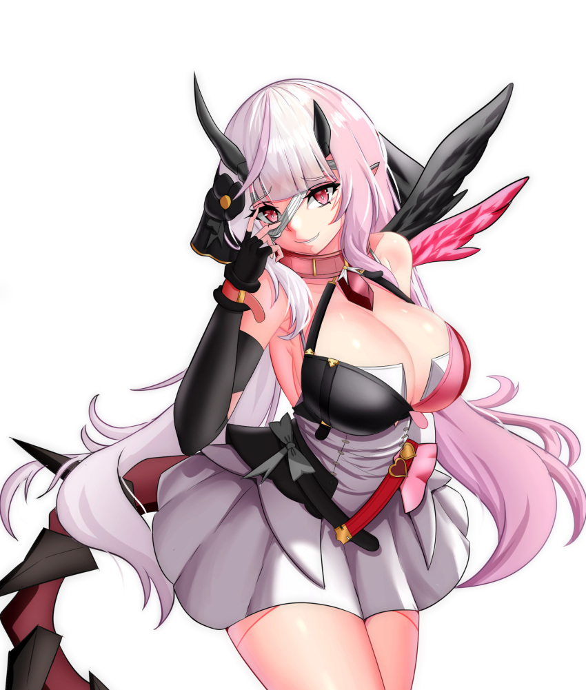 absurdres abyssal_yufine_(epic_seven) bandaged_head bandages blunt_bangs breasts chibinals cleavage collar epic_seven feathered_wings female fingerless_gloves gloves highres horns large_breasts multicolored_hair pink_hair red_eyes skirt tail thighs veil white_hair white_skirt wings yufine_(epic_seven)