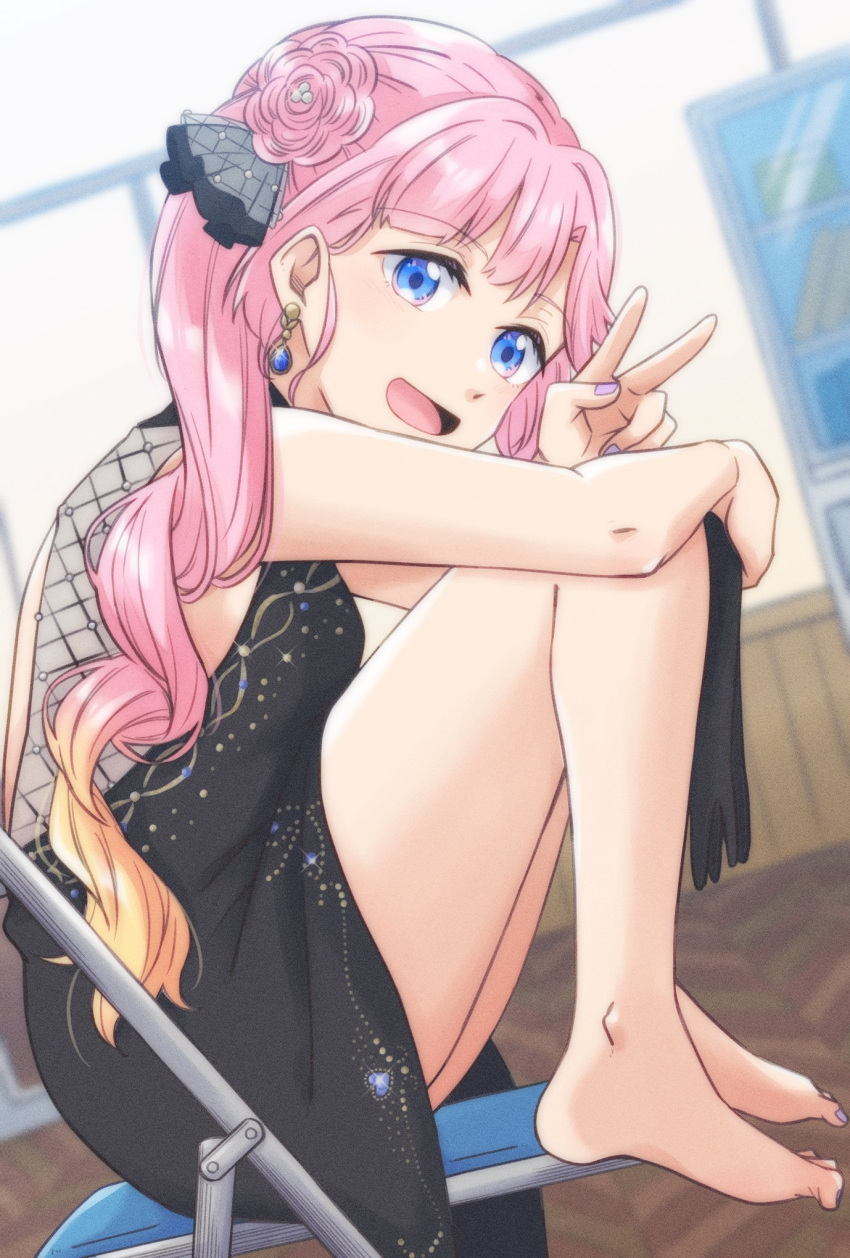 :d anyoji_hime anyoji_hime_(16th_birthday) arm_on_knee barefoot black_dress blurry blurry_background chair commentary_request donpa dress dutch_angle feet_on_chair female fishnets flower-shaped_hair folding_chair full_body highres indoors knees_up link!_like!_love_live! looking_at_viewer love_live! nail_polish official_alternate_costume official_alternate_hairstyle on_chair open_mouth purple_nails short_dress side_ponytail sitting sleeveless sleeveless_dress smile toenail_polish toenails toes v