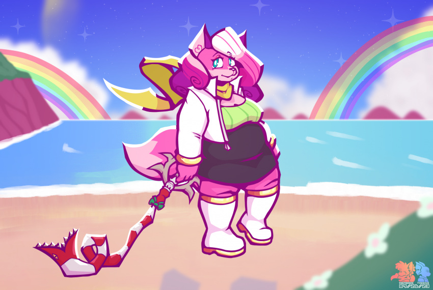 anthro beach canid canine day female flower fox hi_res keyblade kingdom_hearts mammal melee_weapon melody_amaranth plant rainbow shrub solo solo_focus square_enix super_lesbian_animal_rpg thefoxsista trans_(lore) trans_woman_(lore) weapon