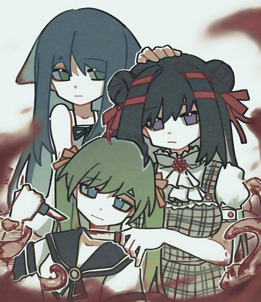 3girls :/ :| absurdres ascot black_hair black_sailor_collar blood blue_eyes blue_hair boxcutter breasts brown_ribbon chinese_commentary closed_mouth commentary_request crossover dark_blue_hair double_bun green_eyes green_hair grey_skirt grey_vest hair_bun hair_intakes hair_ribbon hand_on_another's_head highres holding holding_weapon jisatsu_no_tame_no_101_no_houhou kanzaki_manami long_hair manakashi_no_yuri_wa_akaku_somaru medium_breasts multiple_crossover multiple_girls outline plaid_clothes plaid_skirt plaid_vest puffy_short_sleeves puffy_sleeves purple_eyes red_ribbon rhea_(rhea0623lys) ribbon sailor_collar sailor_shirt saya_(saya_no_uta) saya_no_uta self-harm shirt short_sleeves skirt tentacle tsukishiro_kanna_(jisatsu_no_tame_no_101_no_houhou) twintails vest weapon white_ascot white_outline white_shirt