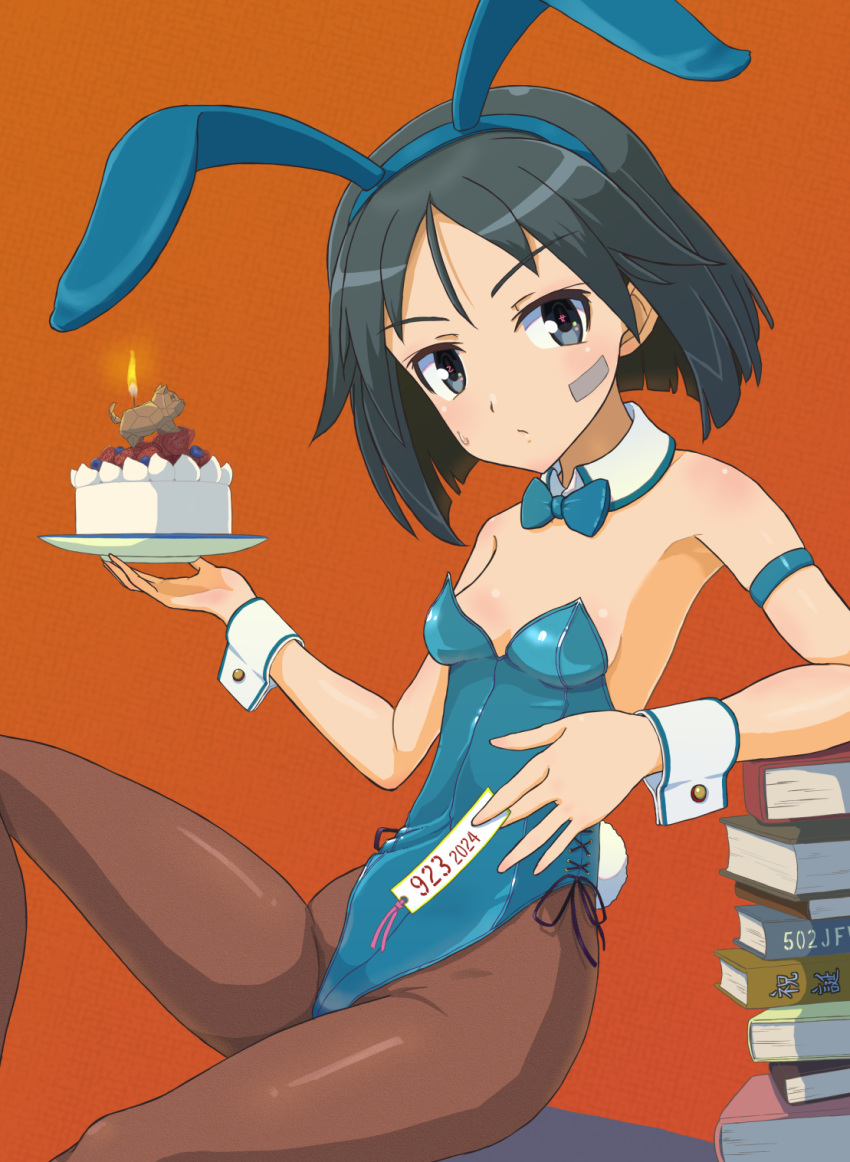 animal_ears bandaid bandaid_on_face black_hair blue_bow blue_bowtie blue_eyes blue_leotard blush book bow bowtie brave_witches breasts brown_pantyhose cake cleavage closed_mouth fake_animal_ears fake_tail female food highres kanno_naoe keicha_(kmoekaki) leotard looking_at_viewer orange_background pantyhose playboy_bunny rabbit_ears rabbit_tail short_hair simple_background small_breasts solo tail world_witches_series