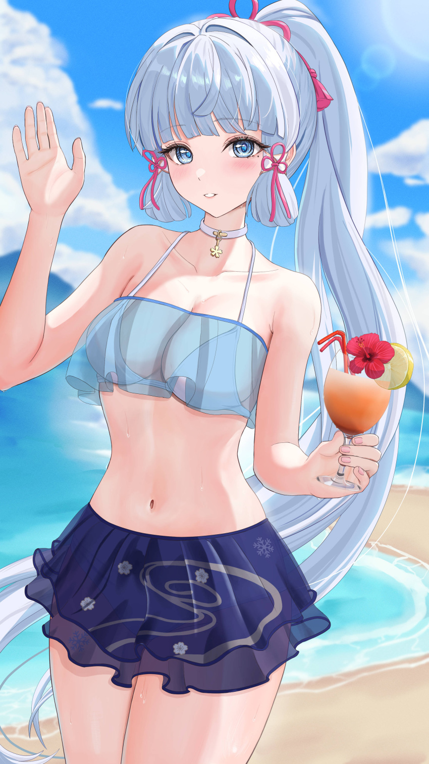 absurdres bare_shoulders beach bikini blue_eyes blue_skirt blue_sky blush cloud cowboy_shot cup cupping_glass day drinking_straw female flower food fruit genshin_impact grey_hair hair_intakes highres holding holding_cup ituka_kanau kamisato_ayaka lemon lemon_slice long_hair looking_at_viewer miniskirt navel ocean parted_lips ponytail red_flower see-through_clothes skirt sky solo stomach swimsuit thighs very_long_hair water