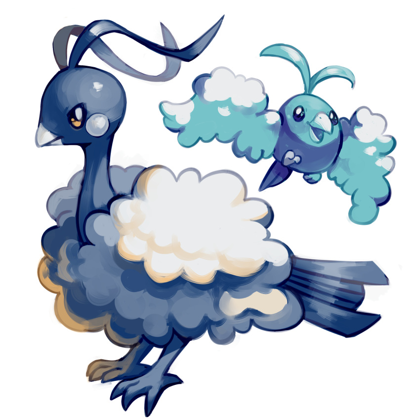 2018 altaria ambiguous_gender anterior_nasal_aperture beak blue_body cheek_spots digital_media_(artwork) duo feet feral flavia-elric fluffy_wings flygon generation_3_pokemon hi_res looking_at_viewer midair mouth_closed nintendo open_mouth open_smile pokemon pokemon_(species) simple_background smile standing swablu tail talons toes white_background wings