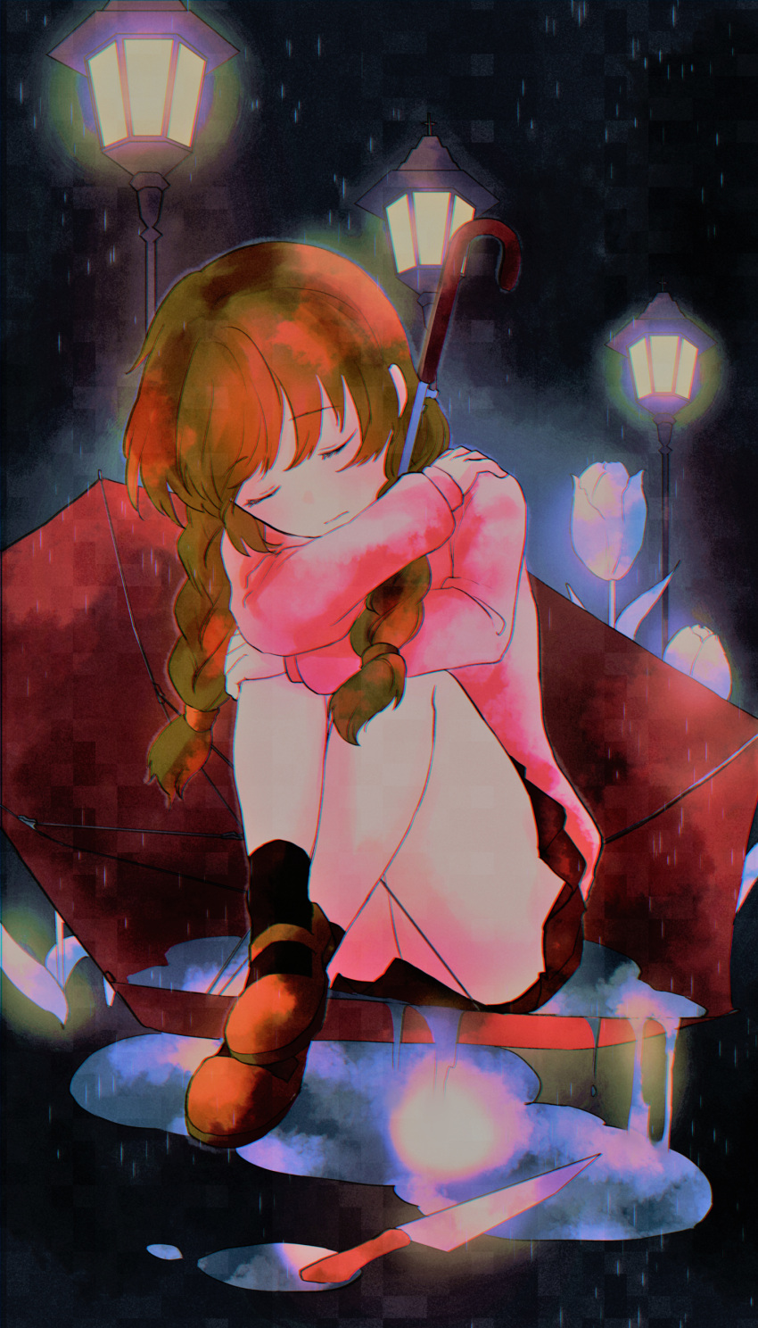 absurdres braid brown_hair closed_eyes closed_mouth female fuwamoko_momen_toufu highres knife lamppost long_hair long_sleeves madotsuki pink_shirt pink_sweater rain shirt sitting skirt socks solo sweater twin_braids twintails umbrella yume_nikki