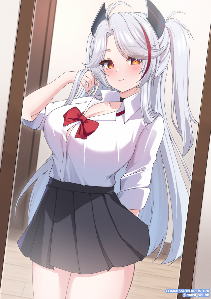 antenna_hair arm_behind_back azur_lane blush breasts cleavage commission female grey_hair hair_between_eyes highres large_breasts long_hair long_sleeves looking_at_viewer maru.selinn multicolored_hair pleated_skirt prinz_eugen_(azur_lane) school_uniform shirt skirt smile solo streaked_hair two_side_up very_long_hair white_shirt