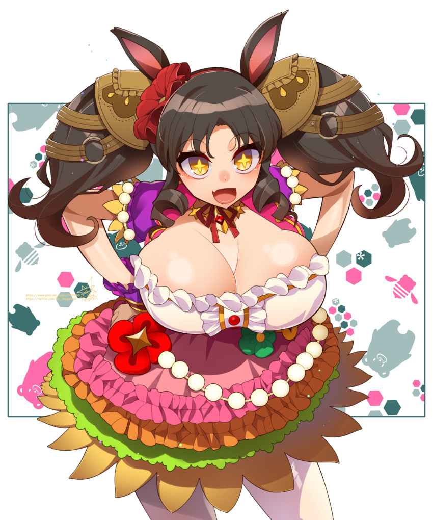 animal_ears black_hair blush breasts cleavage commentary_request dress female hair_ornament highres horse_ears horse_girl large_breasts looking_at_viewer marvelous_sunday_(umamusume) oerba_yun_fang simple_background solo twintails umamusume umigarasu_(kitsune1963)