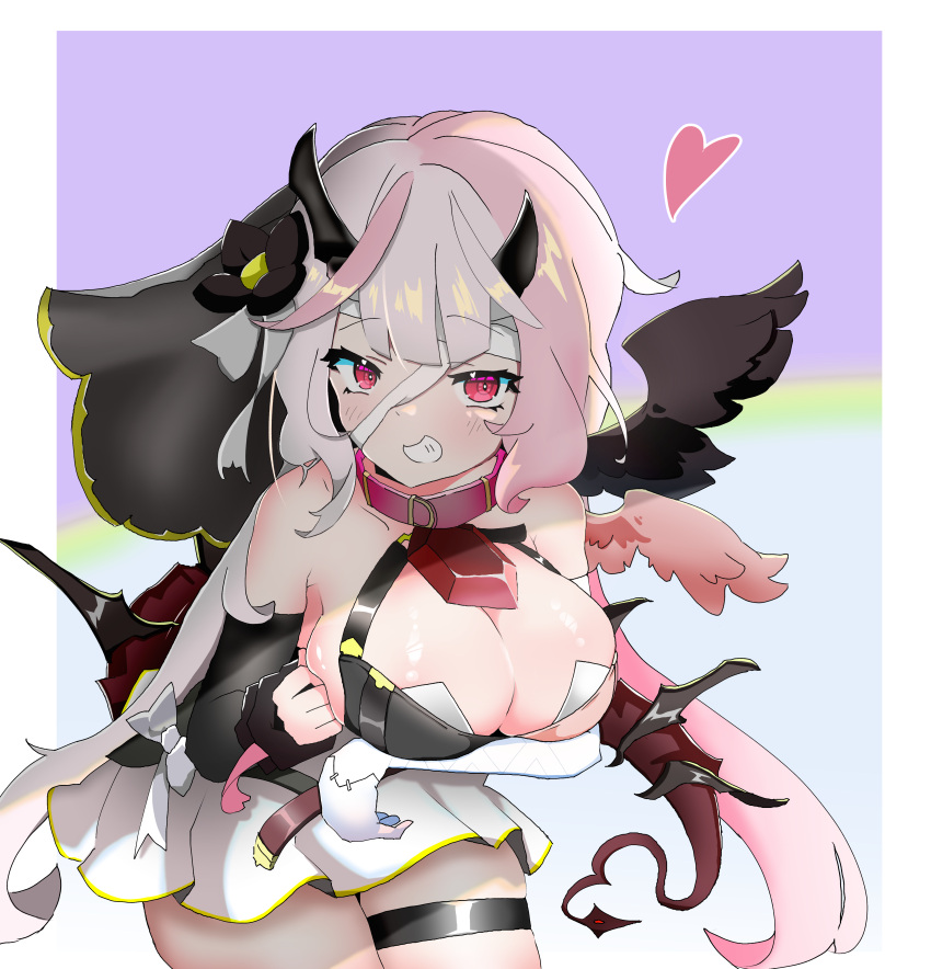 absurdres abyssal_yufine_(epic_seven) breasts cleavage collar epic_seven female grey_hair heart highres horns looking_at_viewer multicolored_hair pink_collar pink_hair qri red_eyes skirt solo thigh_strap white_skirt wings yufine_(epic_seven)