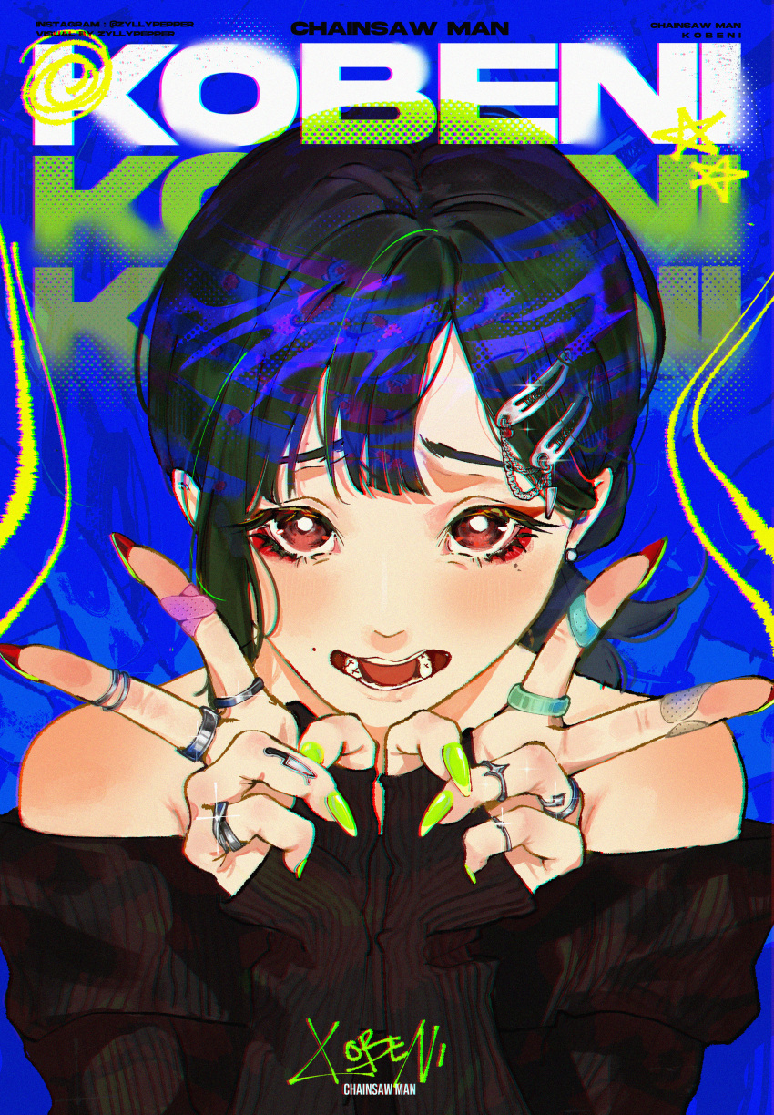 absurdres artist_name bandaid bandaid_on_hand bare_shoulders black_hair black_sweater blue_background blush chainsaw_man character_name commentary copyright_name double_v eyeliner female fingernails glint green_nails hair_ornament hairclip hands_up higashiyama_kobeni highres instagram_username jewelry long_fingernails long_hair long_sleeves looking_at_viewer makeup mole mole_under_eye multiple_moles multiple_rings nail_polish nervous off-shoulder_sweater off_shoulder open_mouth red_eyeliner red_eyes ring sleeves_past_wrists solo star_(symbol) straight-on sweater teeth too_many too_many_rings upper_body v zyllypepper