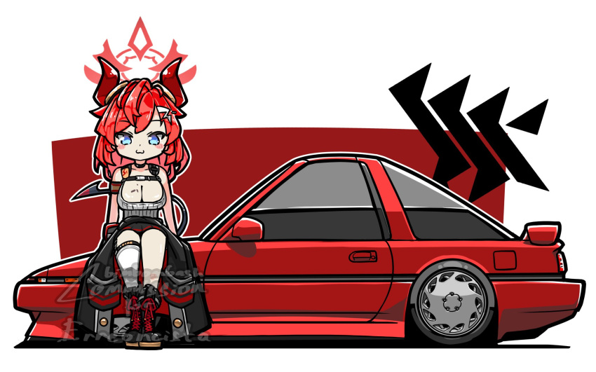 :3 bimbombash black_footwear black_skirt blue_archive blue_eyes blush boots breasts car collarbone commission english_commentary female grey_tank_top halo highres horns large_breasts looking_at_viewer megu_(blue_archive) motor_vehicle red_car red_hair ribbed_tank_top shadow single_thighhigh skirt smile solo spoiler_(automobile) sports_car tail tank_top thighhighs toyota_supra toyota_supra_mk_iii vehicle_focus watermark white_thighhighs