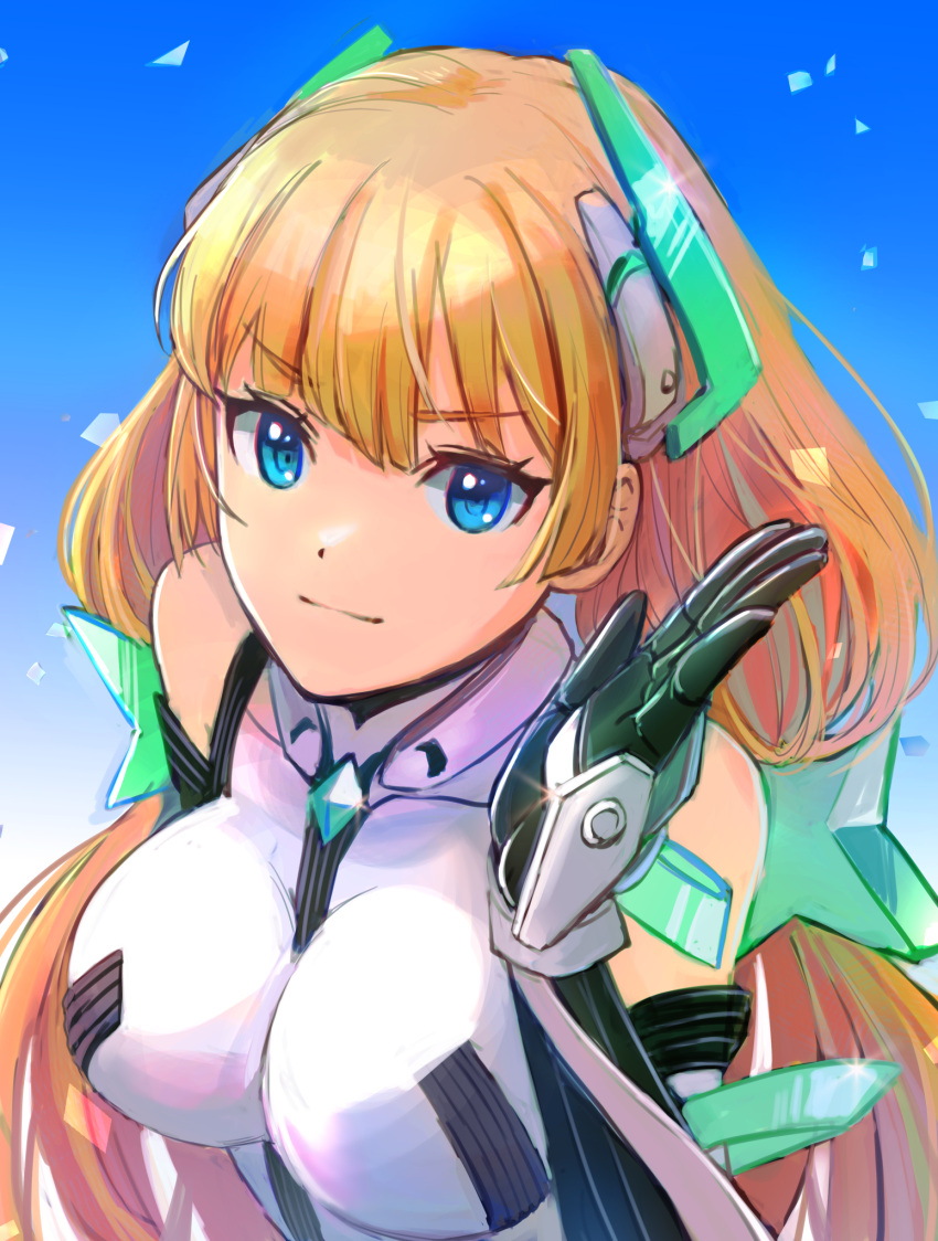 angela_balzac bare_shoulders blonde_hair blue_eyes blue_sky breasts closed_mouth commentary_request deva_battle_suit elbow_gloves female fuwamoko_momen_toufu gloves headgear highres large_breasts leotard long_hair looking_at_viewer low_twintails rakuen_tsuihou sky smile solo twintails very_long_hair