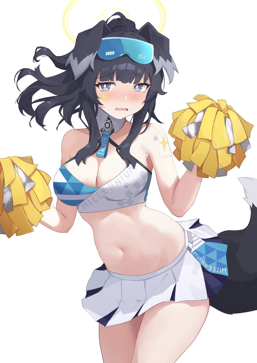 absurdres animal_ears bare_shoulders black_hair blue_archive blush breasts character_name cheerleader cleavage cowboy_shot criss-cross_halter dog_ears dog_girl dog_tail female goggles goggles_on_head grey_eyes halo halterneck hands_up hibiki_(blue_archive) hibiki_(cheer_squad)_(blue_archive) highres holding holding_pom_poms looking_at_viewer millennium_cheerleader_outfit_(blue_archive) miniskirt name_tag navel official_alternate_costume pleated_skirt pom_pom_(cheerleading) rrick_sak simple_background skirt solo sports_bra star_sticker sticker_on_arm sticker_on_face stomach sweat tail text_print two-tone_sports_bra white_background white_skirt yellow_halo