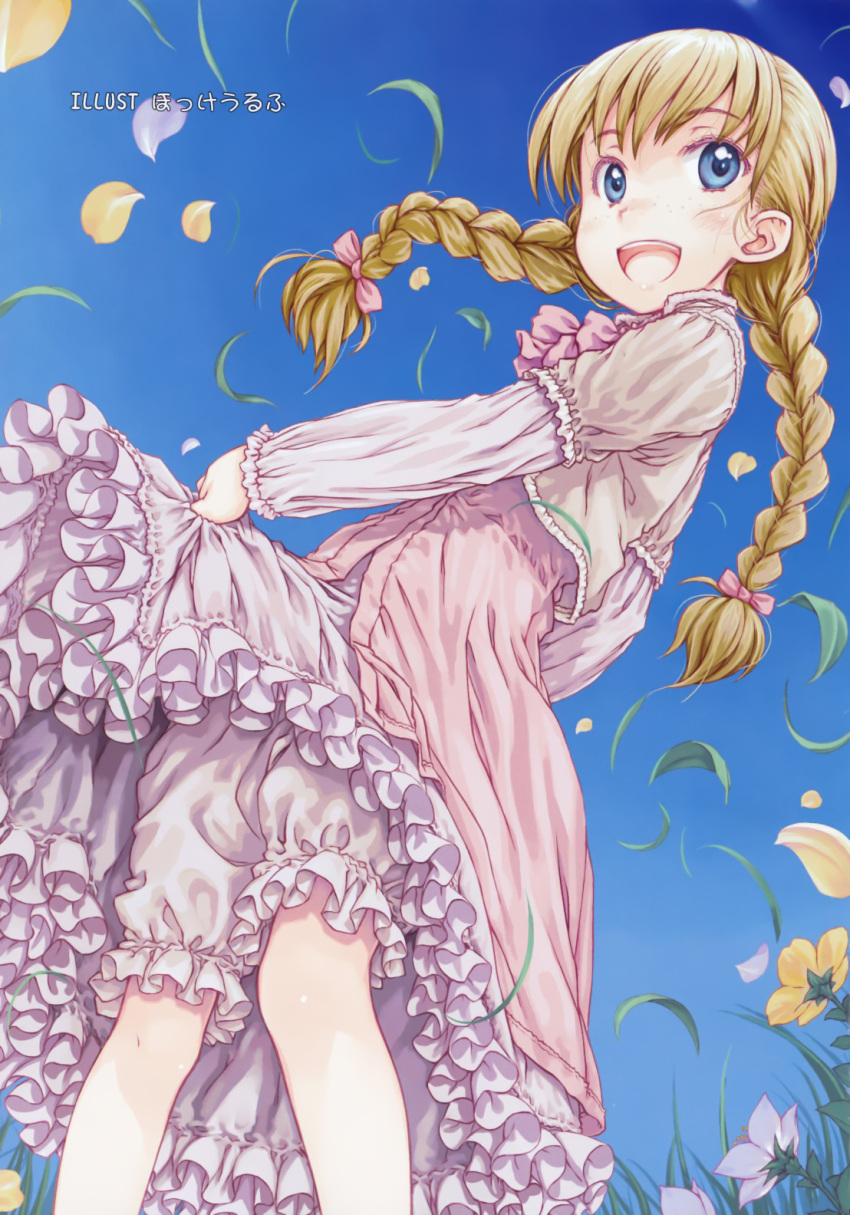 :d blonde_hair bloomers blue_eyes blush bow braid clothes_lift comic_rin dress dress_lift female flower focke_wulf freckles frills gathers hairbow highres long_hair open_mouth original petals sky smile solo twin_braids underwear