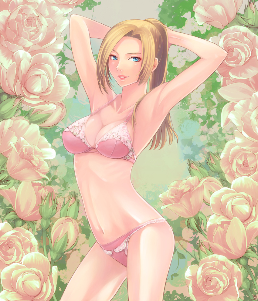 adventurer_(ff11) armpits arms_behind_head arms_up blonde_hair blue_eyes bra breasts commentary_request female final_fantasy final_fantasy_xi flower highres hume lingerie lips long_hair looking_at_viewer medium_breasts navel panties pink_bra pink_flower pink_panties pink_rose ponytail rose solo takatsuki_kahiro underwear underwear_only