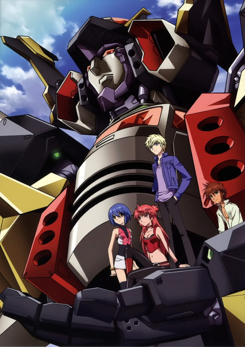 2boys 2girls dancouga_(series) dancouga_nova hidaka_aoi highres johnny_burnette juusou_kikou_dancouga_nova mecha multiple_boys multiple_girls official_art oobari_masami photoshop_(medium) robot sakuya_kamon super_robot tachibana_kurara