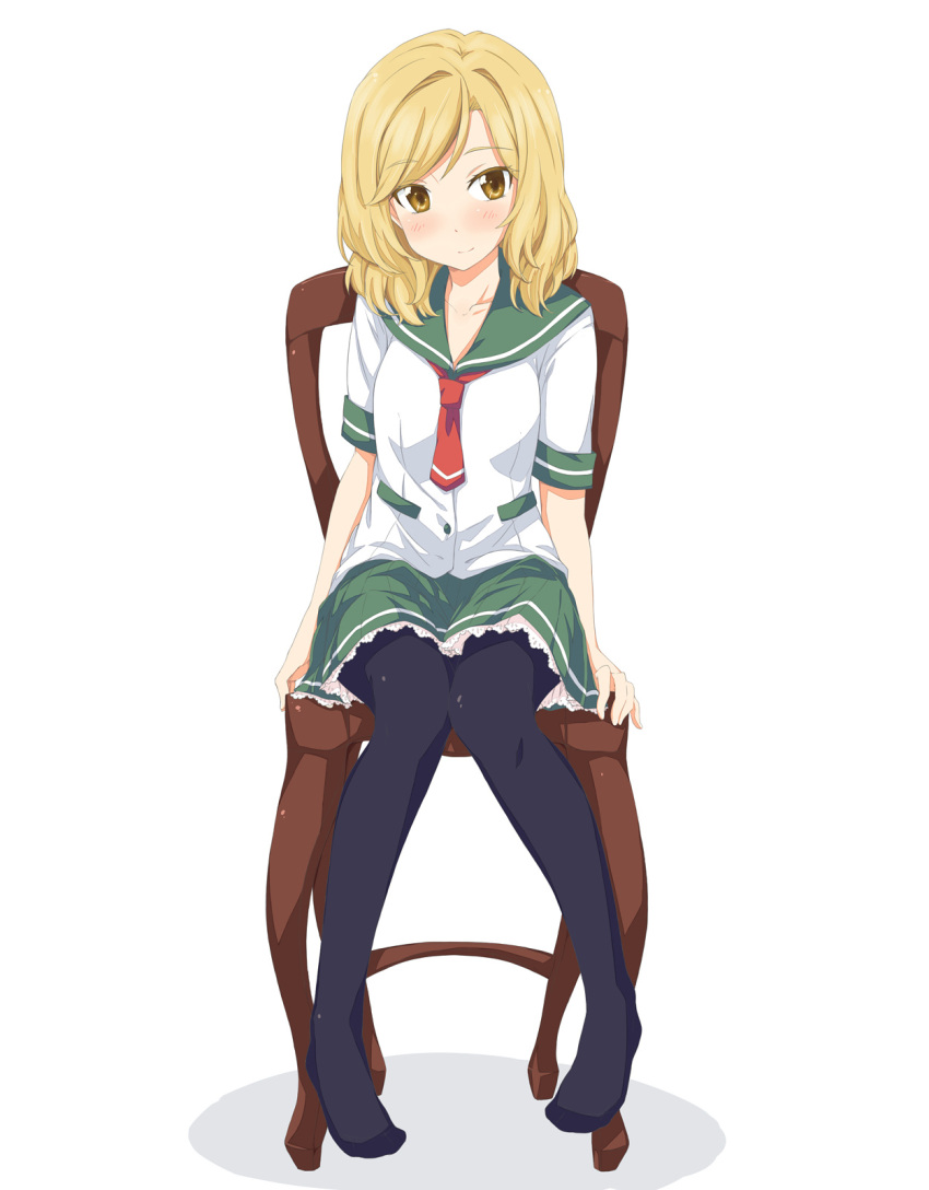 bad_id bad_pixiv_id black_pantyhose blonde_hair blush chair female full_body highres itou_ayachi light_smile looking_away mizukoshi_saki natsuiro_kiseki no_shoes pantyhose school_uniform serafuku short_hair simple_background sitting skirt solo white_background yellow_eyes