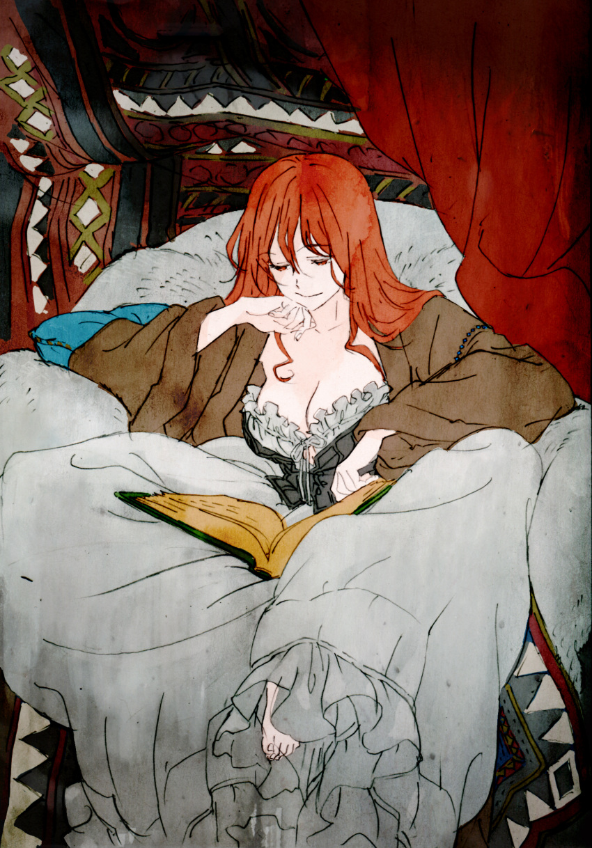 absurdres barefoot bed book breasts cleavage commentary_request corset cushion female hand_on_own_chin highres large_breasts long_hair maou_(maoyuu) maoyuu_maou_yuusha ozaki_tomomi photoshop_(medium) reading red_eyes red_hair solo