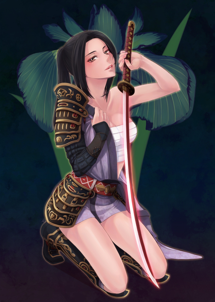 adventurer_(ff11) armor black_hair breasts brown_eyes chest_sarashi commentary_request female final_fantasy final_fantasy_xi glowing glowing_sword glowing_weapon hadanugi_dousa highres holding holding_sword holding_weapon hume japanese_clothes katana kimono kneeling lips looking_at_viewer medium_breasts open_clothes open_kimono planted planted_sword ponytail samurai samurai_(final_fantasy) sarashi solo sword tachi_(weapon) takatsuki_kahiro undressing weapon