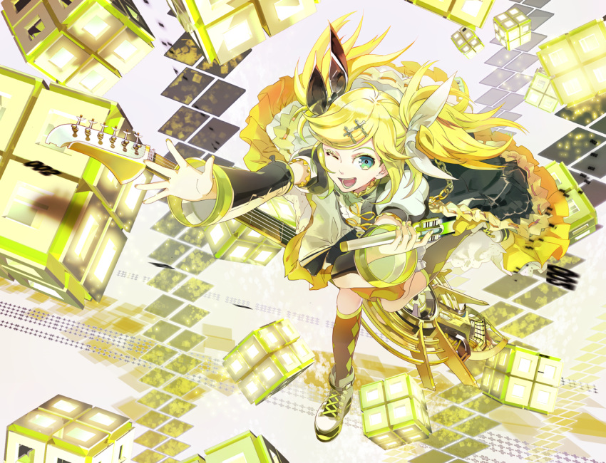 119 blonde_hair blue_eyes commentary_request detached_sleeves female hair_ornament hairclip kagamine_rin kagamine_rin_(roshin_yuukai/hard_rkmix) one_eye_closed open_mouth roshin_yuukai_(vocaloid) solo twintails vocaloid