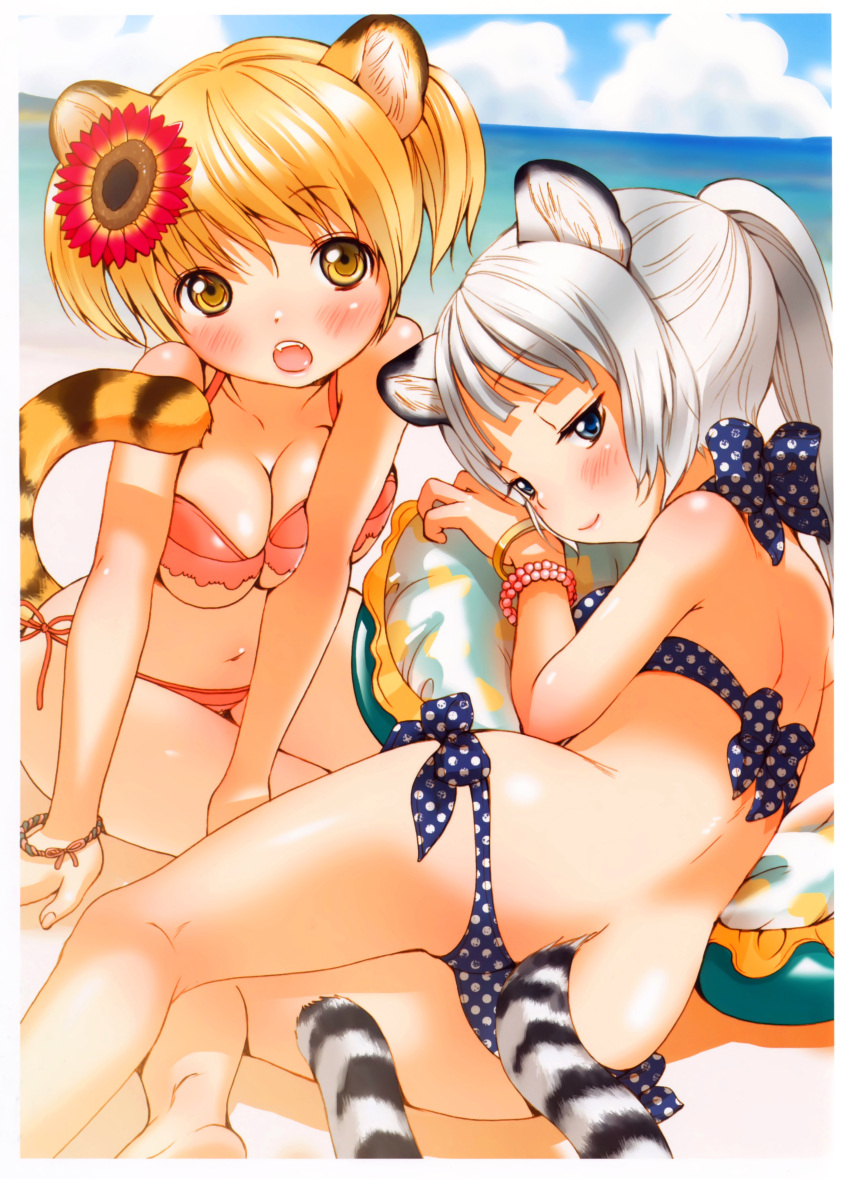 2girls :o absurdres animal_ears arm_support ass bare_legs bare_shoulders barefoot beach bikini blonde_hair blue_eyes blush breasts cleavage flower hair_flower hair_ornament halterneck highres innertube inuburo large_breasts looking_at_viewer looking_back lying multiple_girls navel oerba_yun_fang on_side open_mouth original panties photoshop_(medium) pink_bikini polka_dot polka_dot_panties ponytail seductive_smile short_hair short_twintails side-tie_bikini_bottom sitting smile sunflower swim_ring swimsuit tail tiger_ears tiger_tail twintails underwear unmoving_pattern white_hair wristband yellow_eyes