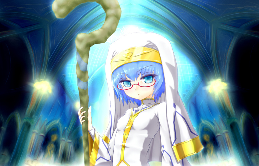 blue_eyes blue_hair commentary_request female glasses habit kikuchi nun robe semi-rimless_eyewear short_hair staff tabitha_(zero_no_tsukaima) under-rim_eyewear zero_no_tsukaima