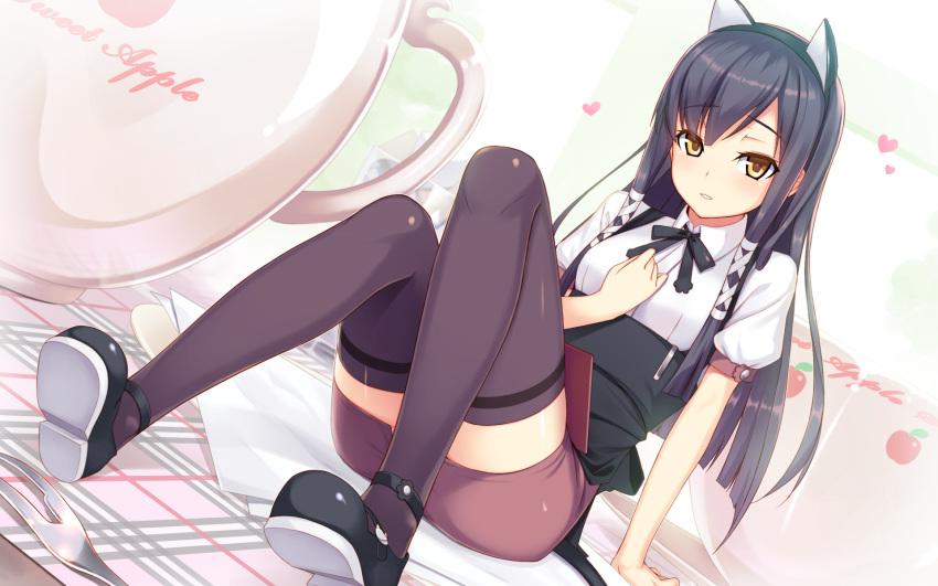 animal_ears arm_support black_hair black_thighhighs dutch_angle fake_animal_ears female gin_(ginshari) hairband heart highres long_hair long_legs mary_janes mini_person minigirl oversized_object sakura_musubi sera_karen shoes sitting skirt smile solo thighhighs tsurime waitress yellow_eyes zettai_ryouiki