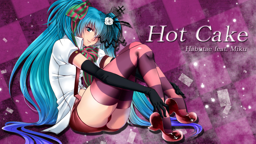 aqua_eyes aqua_hair character_name checkered_background commentary_request elbow_gloves female gloves gradient_hair hair_over_one_eye hatsune_miku high_heels highres long_hair meteolance multicolored_hair shoes sitting solo striped_clothes striped_thighhighs suspenders thighhighs twintails very_long_hair vocaloid