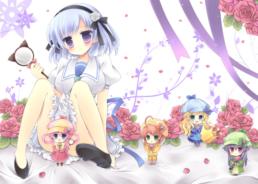 5girls bad_id bad_pixiv_id blonde_hair blue_eyes brown_hair chibi cordelia_glauca flower green_eyes hair_flower hair_ornament hat henriette_mystere hercule_barton kouta. magnifying_glass multiple_girls petals photoshop_(medium) pink_hair purple_eyes purple_hair red_eyes rose school_uniform sherlock_shellingford smile tantei_opera_milky_holmes yuzurizaki_nero