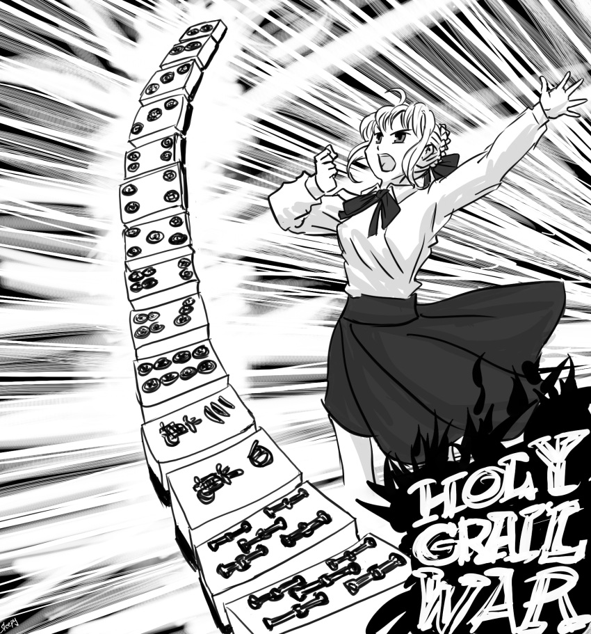 ahoge artistic_error artoria_pendragon_(fate) braid braided_bun clenched_hand drawfag english_text fate/stay_night fate_(series) female greyscale hair_bun highres imageboard_desourced mahjong monochrome mudazumo_naki_kaikaku no_legwear non-web_source parody saber_(fate) skirt solo speed_lines