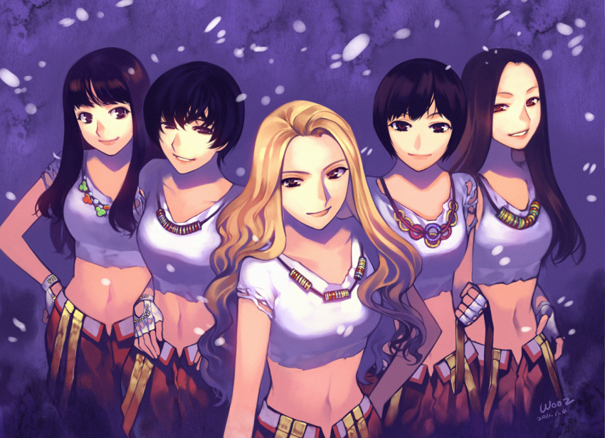 5girls black_hair blonde_hair brown_eyes brown_hair commentary_request crop_top fingerless_gloves gloves goo_hara grin han_seungyeon hand_on_own_hip jewelry jung_nicole kang_jiyoung kara_(band) long_hair looking_at_viewer midriff multiple_girls navel necklace park_gyuri park_sung_woo photoshop_(medium) real_life shiny_skin short_hair smile