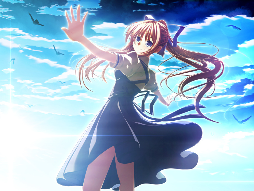 air_(visual_novel) bird blonde_hair blue_eyes commentary_request female from_behind hatomura_(tareneko_club) highres kamio_misuzu long_hair looking_back outstretched_arms photoshop_(medium) ponytail school_uniform solo spread_arms